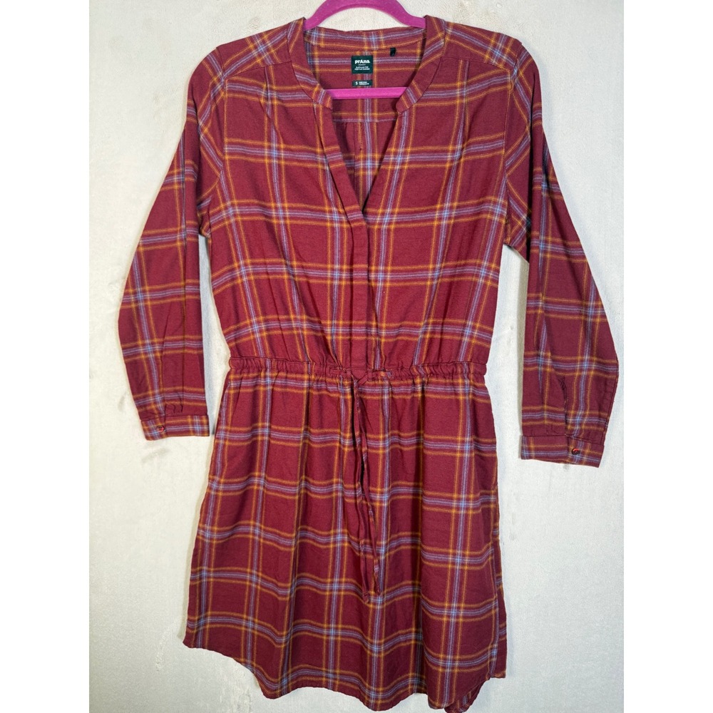 Prana Plaid Shirt Dress Women Small Burgundy Red Organic Cotton Drawstring Waist